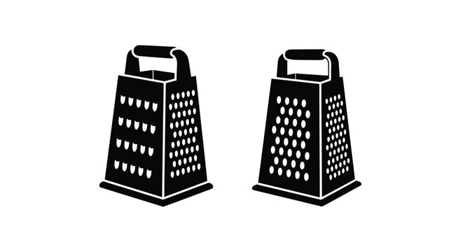 Two black box graters displayed against a white background silhouette