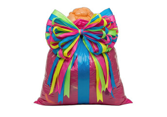 Brightly colored gift bag overflowing with surprise treats and vibrant ribbons
