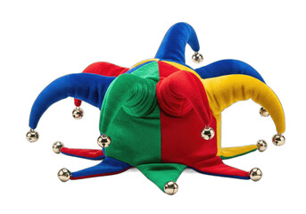 Vibrant jester hat with colorful points and bells, symbolizing fun and celebration