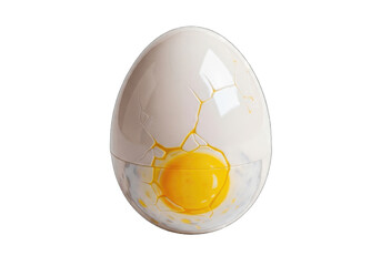 Cracked boiled egg revealing bright yellow yolk against a white background