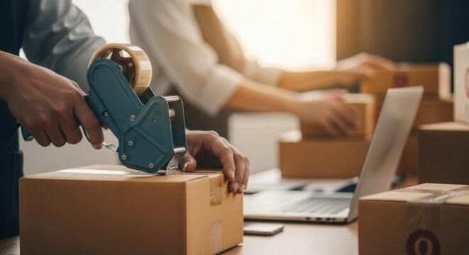 People packing boxes with a tape dispenser in a workspace.
