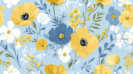 Obraz premium A beautiful seamless floral pattern featu yellow, blue, and white flowers with delicate foliage on a soft pastel blue background that evokes sptime charm.