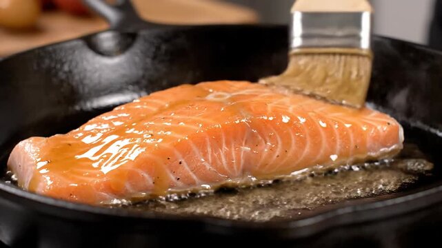 Close-up of a salmon fillet being basted with sauce in a cast iron skillet