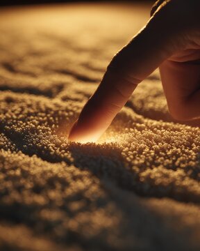 Close-up of a fingertip pressing into memory foam, visualizing comfort and softness, warm golden lighting