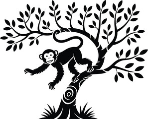Playful monkey illustration resting on tree branch, bold black and white cartoon jungle animal artwork isolated on white background for children design, education, logos, posters, and stock graphics © Biplob Creatives