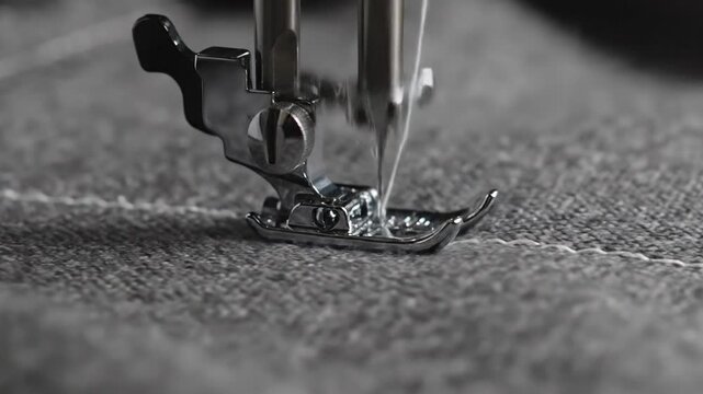Close-up of a sewing machine needle stitching white thread through gray fabric, creating a seam.