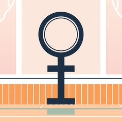 Vector female gender symbol icon in dark blue on a light pink and orange background, illustration for women's rights and equality