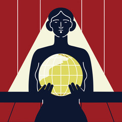 Vector illustration of a woman holding a glowing yellow globe, global responsibility concept, dark blue and red tones