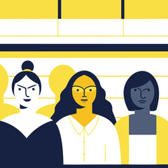 Diverse group of women in a crowd, vector illustration with yellow and dark blue color palette, flat graphic design for social media or presentation