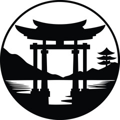 Japanese torii gate near calm lake with reflection tranquil spiritual travel scene Vector illustration