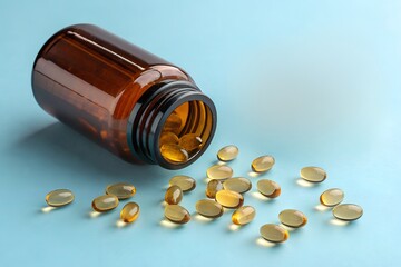 spilled vitamin capsules from brown pill bottle on blue background healthcare supplement concept