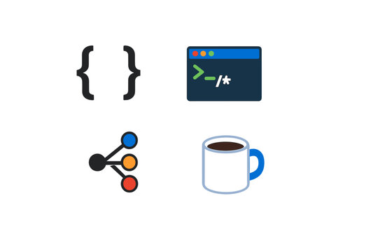 Icons show coding elements with a focus on programming, data sharing, and coffee in a workspace setting during the day