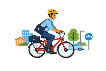Obraz premium Rider on a red bicycle travels through a city area with buildings and trees during daytime