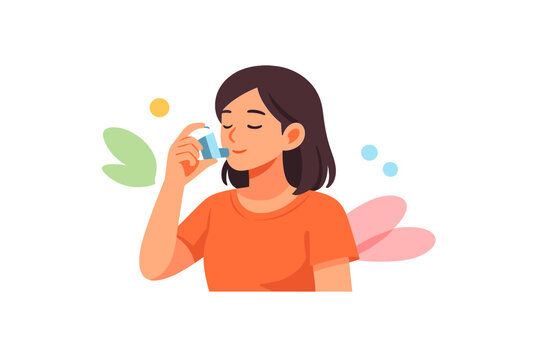 Young woman uses inhaler for asthma during daily routine in a colorful setting with leaves and bubbles around