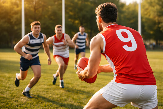 Australian Football Players Competing During Local Match on Grass Field