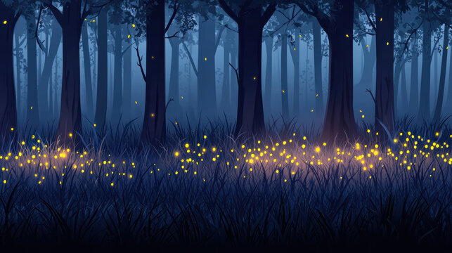 A serene night scene unfolds as fireflies twinkle amidst lush grass beneath towe trees in a tranquil and enchanting forest illustration landscape drawing.