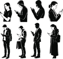 People using smartphones in various settings, showcasing modern digital lifestyle, communication habits, and mobile phone dependency in everyday life.