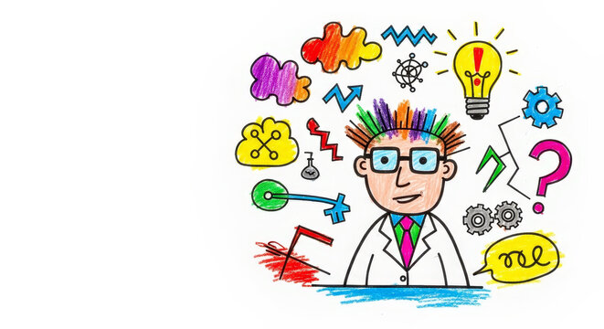 Whimsical scientist drawing with colorful ideas and inventions, representing creativity and curiosity,