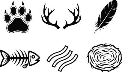 Nature symbols icon set, animal paw antlers feather fish bone waves nest, wildlife outdoor elements, black vector illustration collection © MDSABBIR