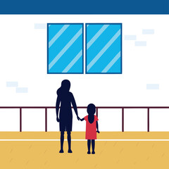 Mother and daughter holding hands, looking out windows in a room, vector illustration for family, parenting, childhood
