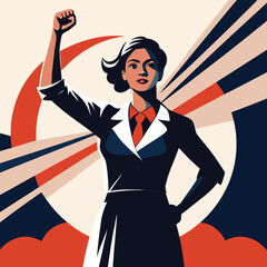 Vector illustration of a strong businesswoman in suit with raised fist, retro style, power and success concept, isolated on white