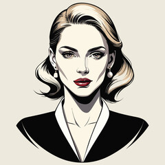 Vector portrait of elegant blonde woman with red lipstick, pearl earrings, and black suit, isolated on white