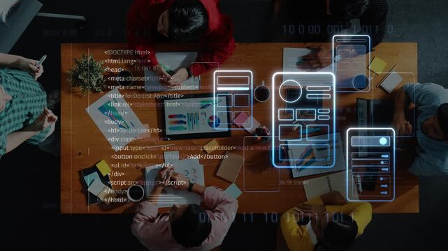 Overhead view of a diverse team collaborating in a modern office setting, surrounded by digital task management elements and coding visuals, enhancing productivity. Raster
