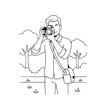 Photographer Taking Picture in Nature Line Art Illustration