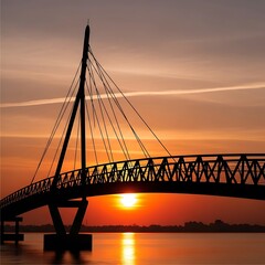 Obraz premium Cable-stayed bridge over water at sunset.