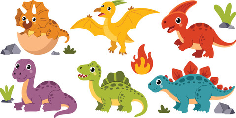 Cute Baby Dinosaur Line Illustration Set Cartoon Dinos, Eggs and Prehistoric Elements