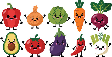 Cute Cartoon Vegetable Characters Vector Set  Smiling Colorful Healthy Veggies