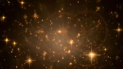 Fototapeta premium Sparkling stars shining in a dreamy gold space. The cosmic view has a magical and festive atmosphere.