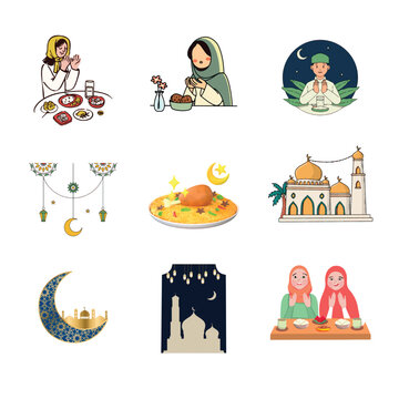 Ramadan daily life activities vector set with prayer, family meal, mosque and Islamic decorations