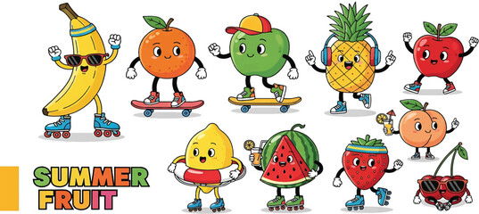 Obraz premium Fruit characters. Summer funky mascots. Cartoon retro juicy strawberry, apple, happy cherry, peach, pineapple, watermelon, lemon, orange. Comic food.