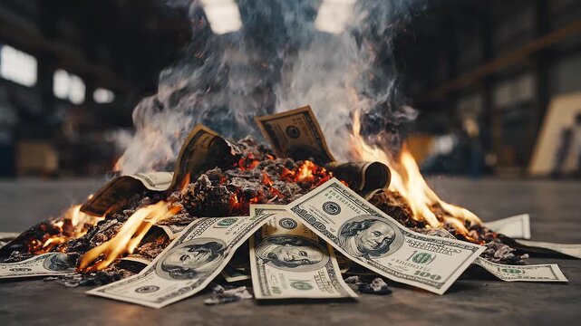 Burning pile of hundred dollar bills engulfed in flames