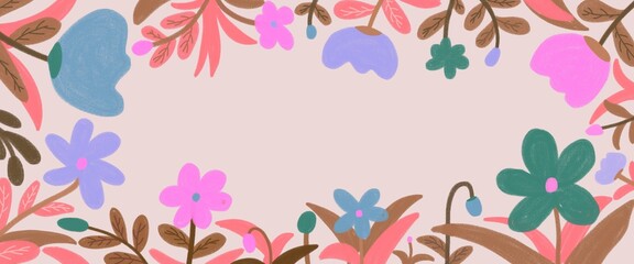 Obraz premium Spring holiday with wildflowers Hand drawn Floral art templates for Womens Day, birthday, Mothers Day, Easter decor. Modern Spring greeting card, banner or poster with hand drawing flower background.