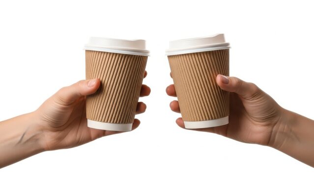 Two hands holding disposable coffee cups