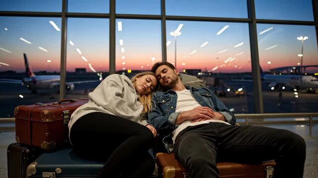 Woman and man sleeping on suitcase baggage at airport terminal. Long wait for departure and connection flight. Travel concept.