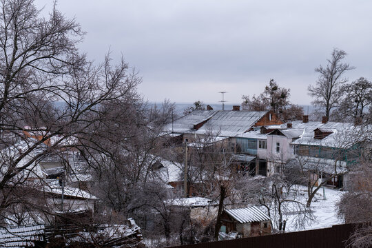 Poltava, Ukraine, January 31 2026. View of a snow-covered courtyard on the outskirts of Poltava.