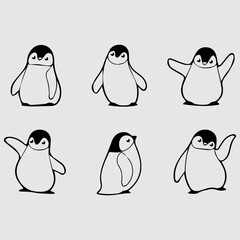 Obraz premium Penguin character vector set featuring multiple poses and actions. Ideal for storytelling, children’s books, and animation concepts