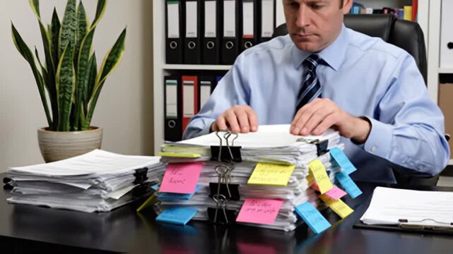 Overwhelmed worker managing large pile of paperwork documents office stress