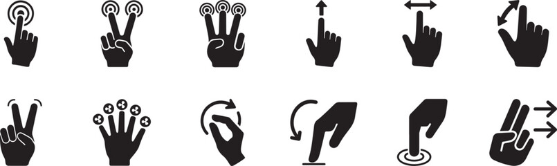 Obraz premium Touchscreen gesture vector icon set showing taps, swipes, pinches, and scrolls, flat outline style
