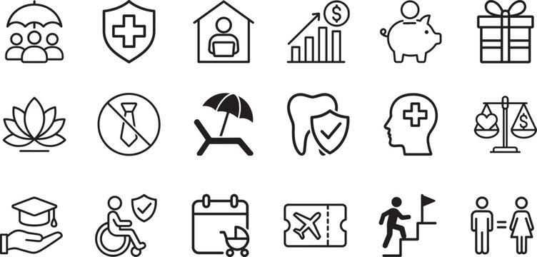 Employee benefit vector icon set for HR and business use, showing insurance, salary, leave, and perks