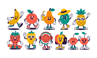 Obraz premium Colorful fruit mascot cartoon bundle on white background vector illustration, easily editable. 
