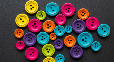 Fototapeta premium A vibrant collection of colorful sewing buttons scattered on a dark textured background