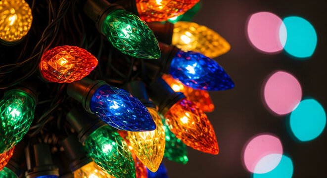 Vibrant colorful c6 led christmas lights glowing brightly with beautiful bokeh background