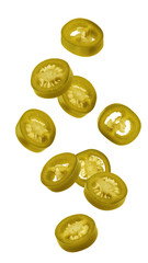 Obraz na płótnie Canvas Falling Jalapeno Pepper slice, isolated, full depth of field