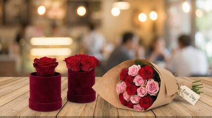 Elegant Red and Pink Roses in Velvet Boxes and Bouquet on Wooden Table, Romantic Gift Arrangement
