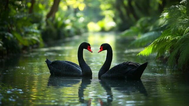 Two black swans in forest pond 