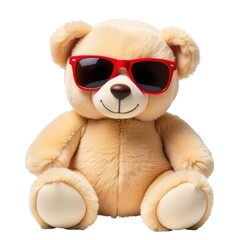 A  bear wearing trendy sunglasses on a bright white background, ready for its next adventure